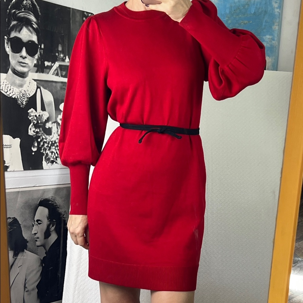 Vince Camuto Womens Crewneck Sweater Dress Red Vibrant Long Puff Sleeve Sz. S - Picture 11 of 12
